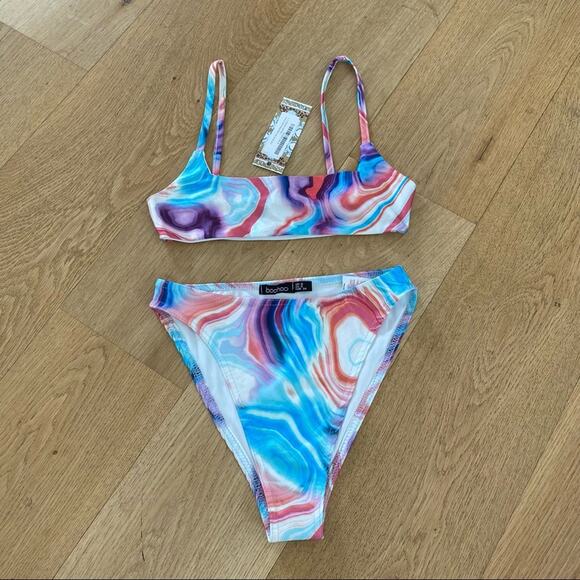 Boohoo - Marble Print Crop top Style Bikini Size US2 - Picture 1 of 7